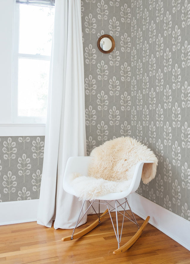 Plum Tree Grey Botanical Wallpaper with Block-Print Tree Motif - Chesapeake 3124-13876