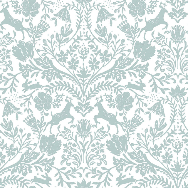 Forest Dance Aqua Damask Wallpaper with Whimsical Woodland Motif - Chesapeake 3124-13881