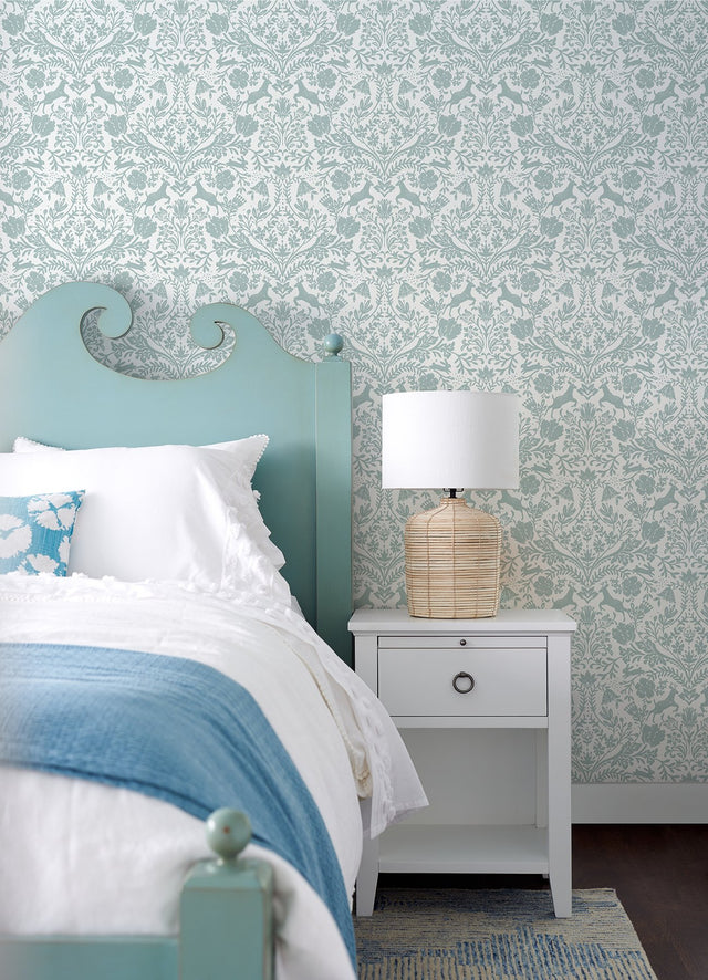 Forest Dance Aqua Damask Wallpaper with Whimsical Woodland Motif - Chesapeake 3124-13881