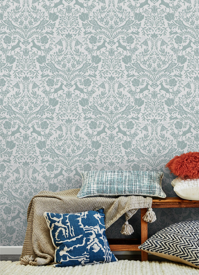 Forest Dance Aqua Damask Wallpaper with Whimsical Woodland Motif - Chesapeake 3124-13881