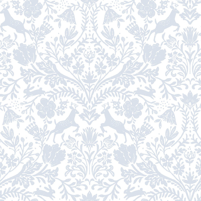 Forest Dance Light Blue Damask Wallpaper with Whimsical Woodland Motif - Chesapeake 3124-13882