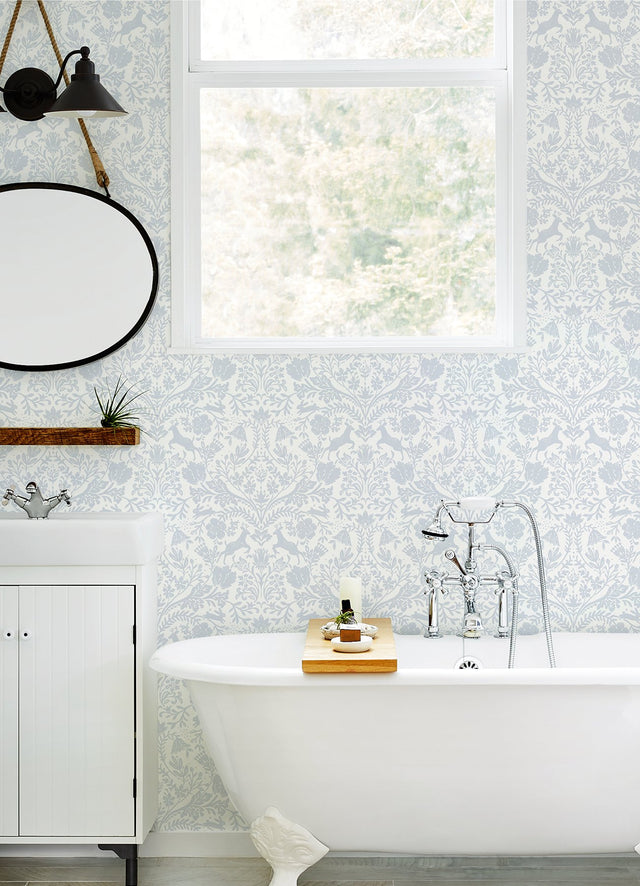 Forest Dance Light Blue Damask Wallpaper with Whimsical Woodland Motif - Chesapeake 3124-13882