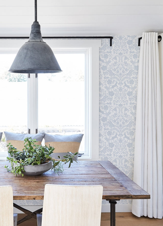 Forest Dance Light Blue Damask Wallpaper with Whimsical Woodland Motif - Chesapeake 3124-13882