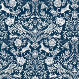 Forest Dance Navy Damask Wallpaper with Whimsical Animal Motif - Chesapeake 3124-13883