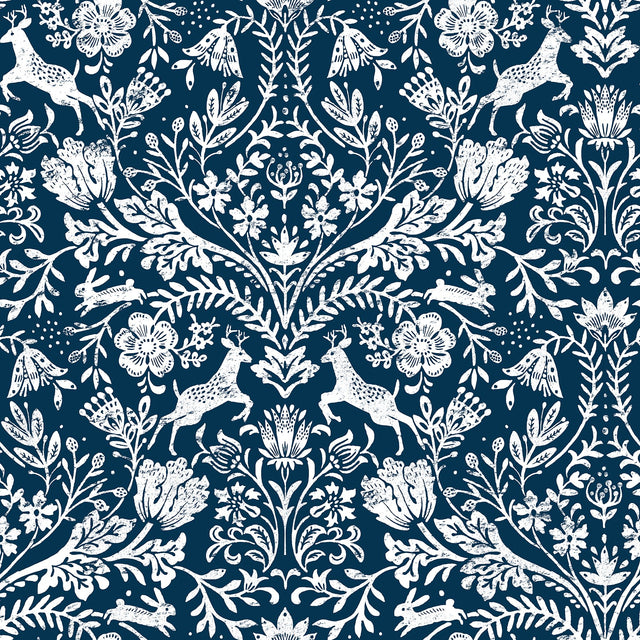 Forest Dance Navy Damask Wallpaper with Whimsical Animal Motif - Chesapeake 3124-13883