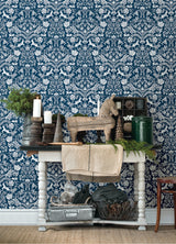 Forest Dance Navy Damask Wallpaper with Whimsical Animal Motif - Chesapeake 3124-13883