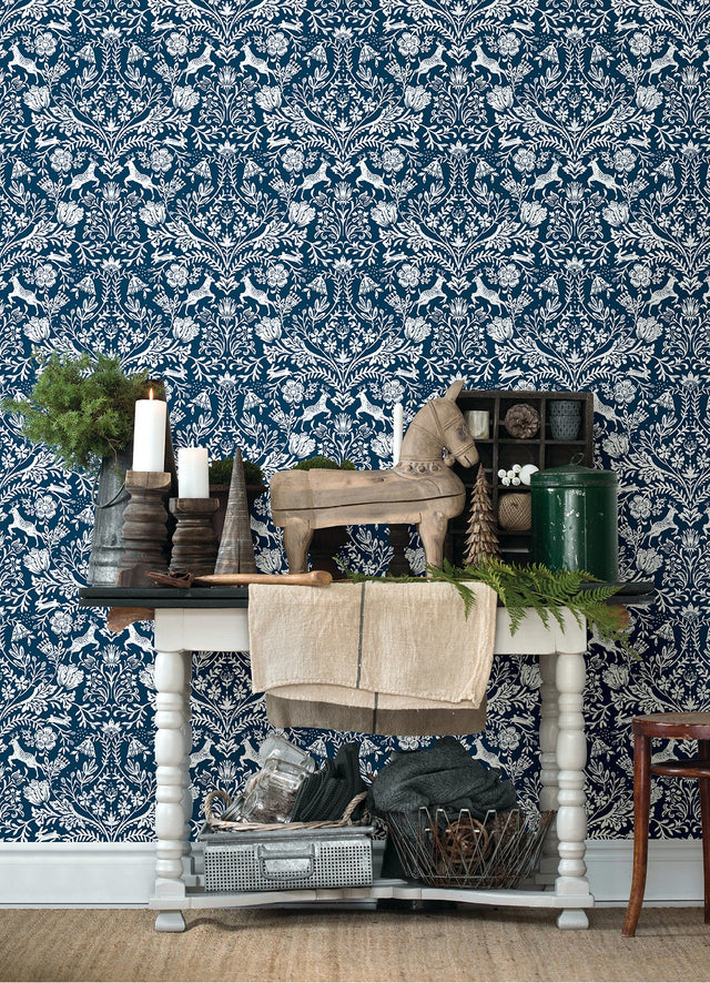 Forest Dance Navy Damask Wallpaper with Whimsical Animal Motif - Chesapeake 3124-13883