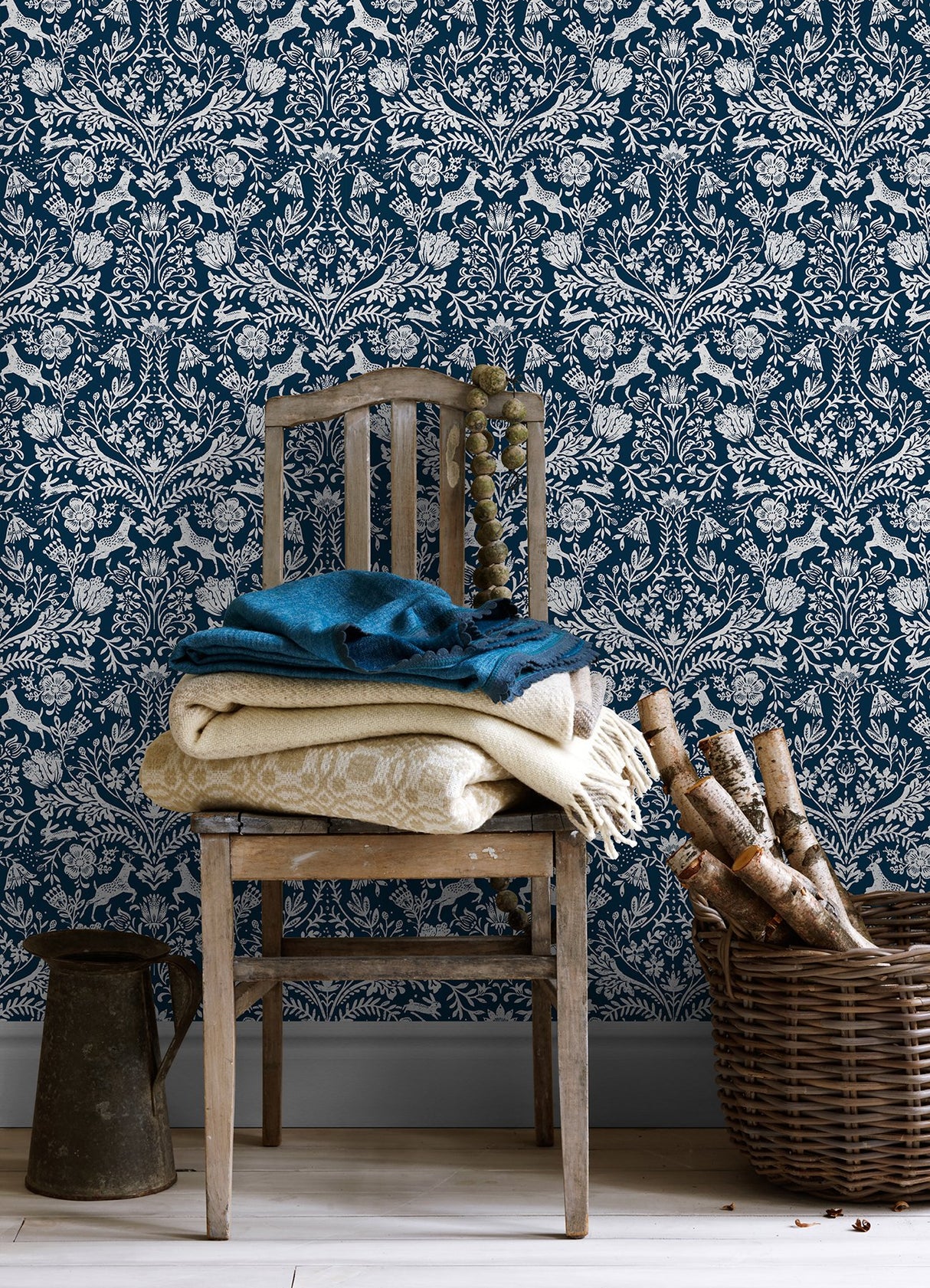 Forest Dance Navy Damask Wallpaper with Whimsical Animal Motif - Chesapeake 3124-13883