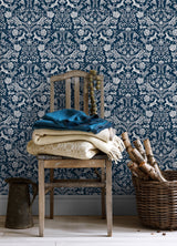 Forest Dance Navy Damask Wallpaper with Whimsical Animal Motif - Chesapeake 3124-13883