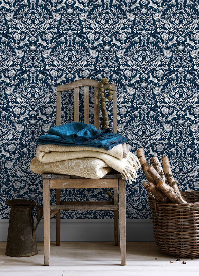 Forest Dance Navy Damask Wallpaper with Whimsical Animal Motif - Chesapeake 3124-13883