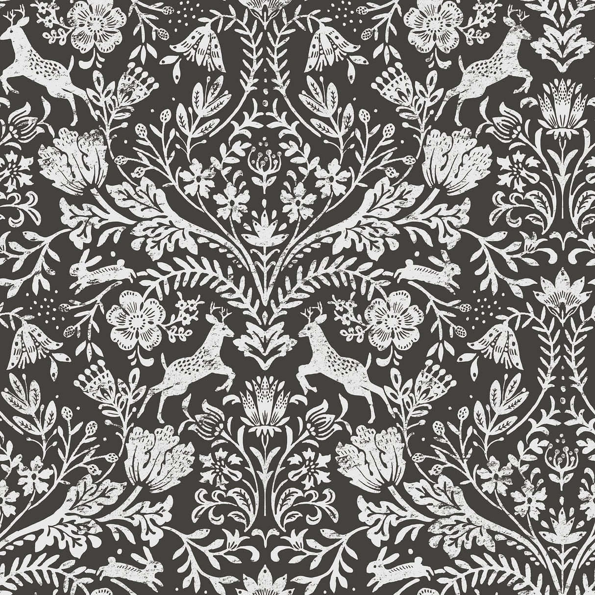Forest Dance Charcoal Damask Wallpaper with Whimsical Animal Damask - Chesapeake 3124-13885