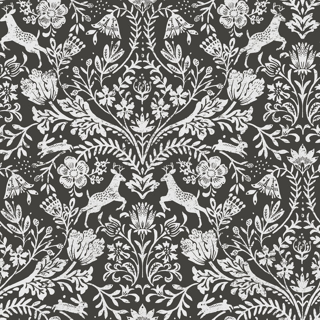 Forest Dance Charcoal Damask Wallpaper with Whimsical Animal Damask - Chesapeake 3124-13885