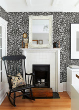 Forest Dance Charcoal Damask Wallpaper with Whimsical Animal Damask - Chesapeake 3124-13885
