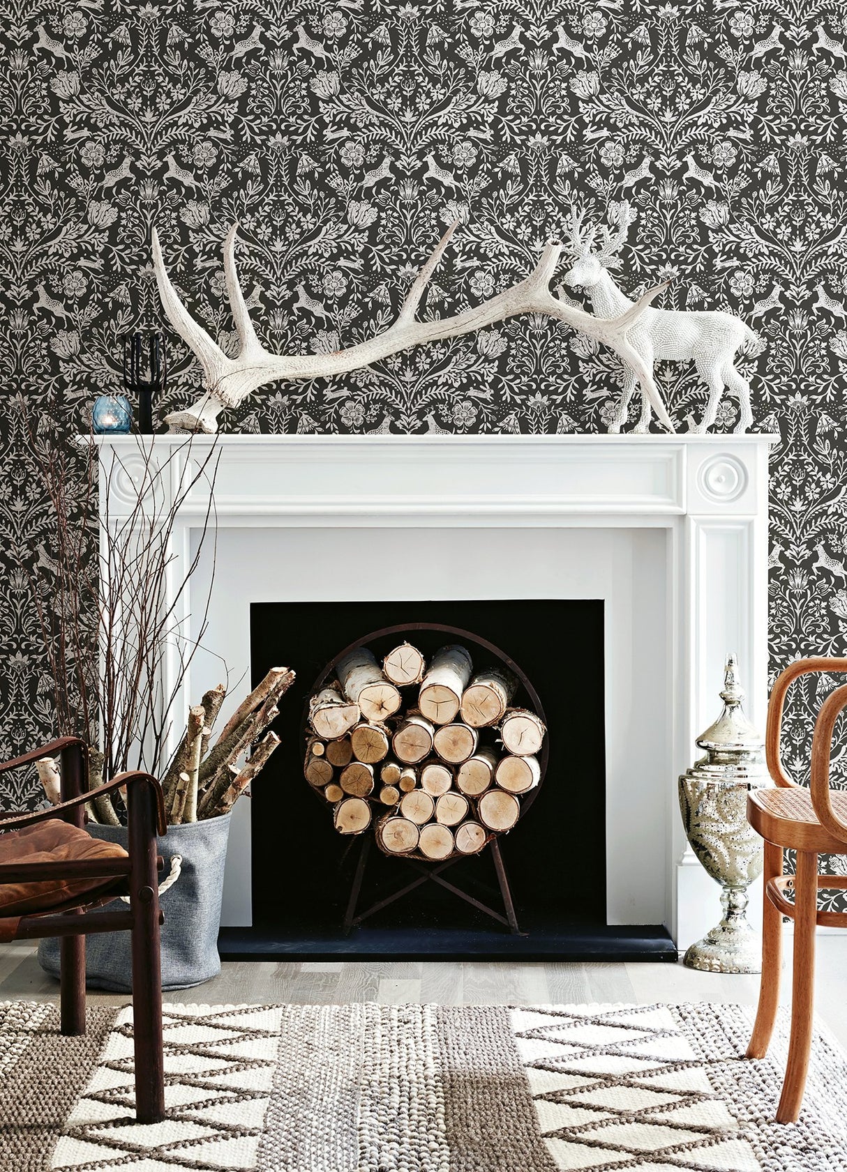 Forest Dance Charcoal Damask Wallpaper with Whimsical Animal Damask - Chesapeake 3124-13885