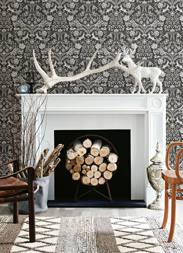 Forest Dance Charcoal Damask Wallpaper with Whimsical Animal Damask - Chesapeake 3124-13885