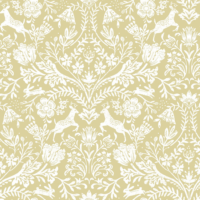 Forest Dance Honey Damask Wallpaper with Whimsical Animal Motif - Chesapeake 3124-13886