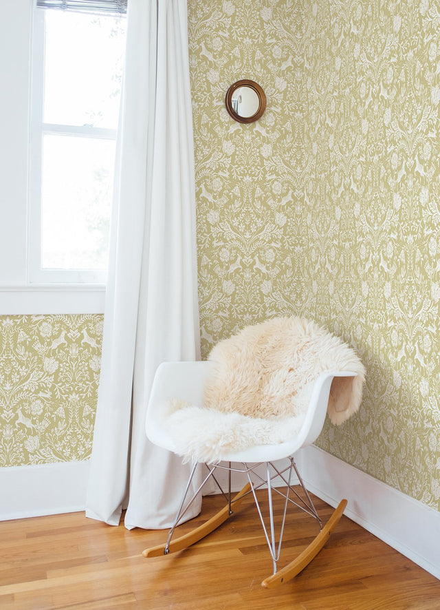 Forest Dance Honey Damask Wallpaper with Whimsical Animal Motif - Chesapeake 3124-13886