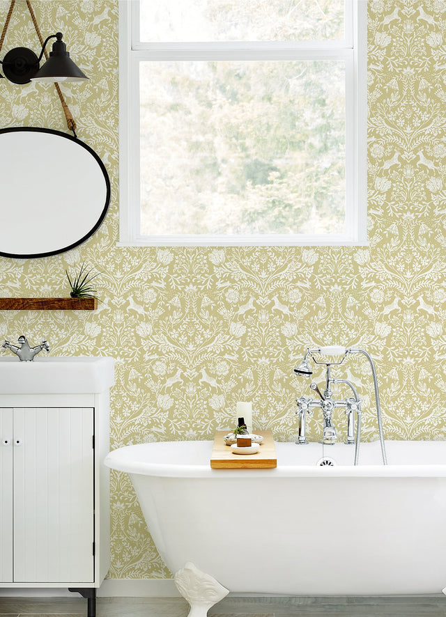 Forest Dance Honey Damask Wallpaper with Whimsical Animal Motif - Chesapeake 3124-13886