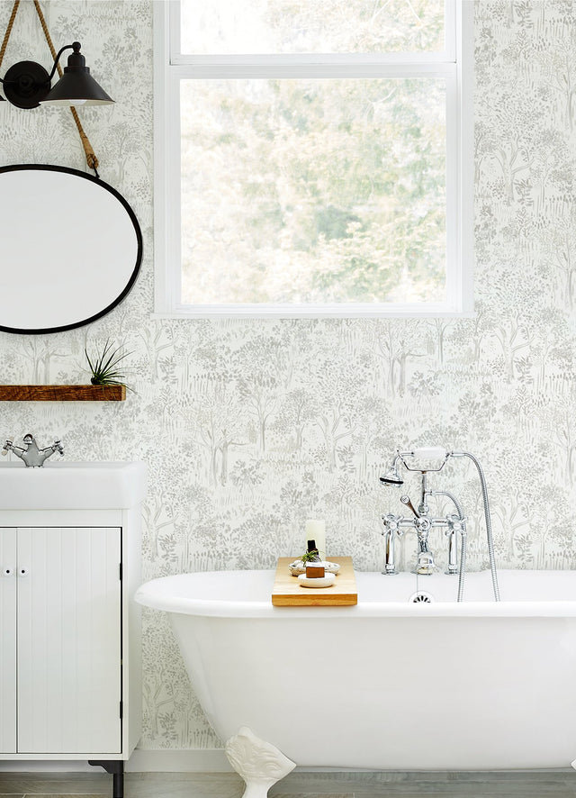Walden Grey Forest Wallpaper with Modern Botanical Trees Pattern - Chesapeake 3124-13892