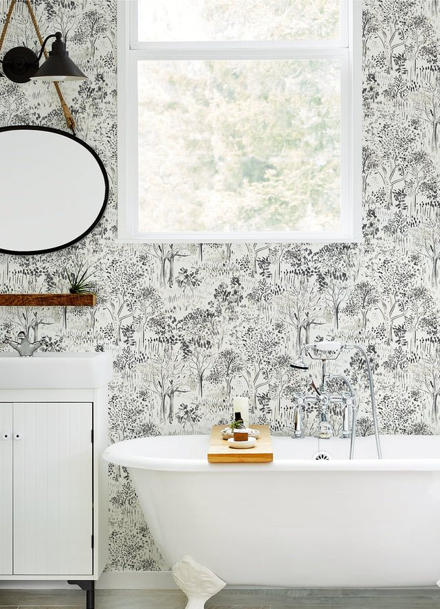Walden Black Forest Wallpaper with Modern Botanical Trees Motif - Chesapeake 3124-13894
