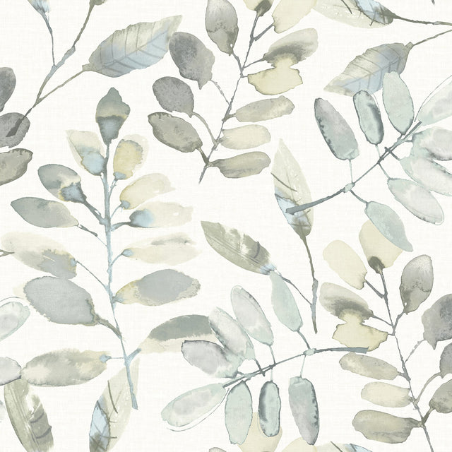 Pinnate Grey Leaves Wallpaper with Watercolor Botanical Motif - Chesapeake 3124-13905