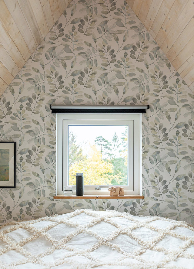 Pinnate Grey Leaves Wallpaper with Watercolor Botanical Motif - Chesapeake 3124-13905