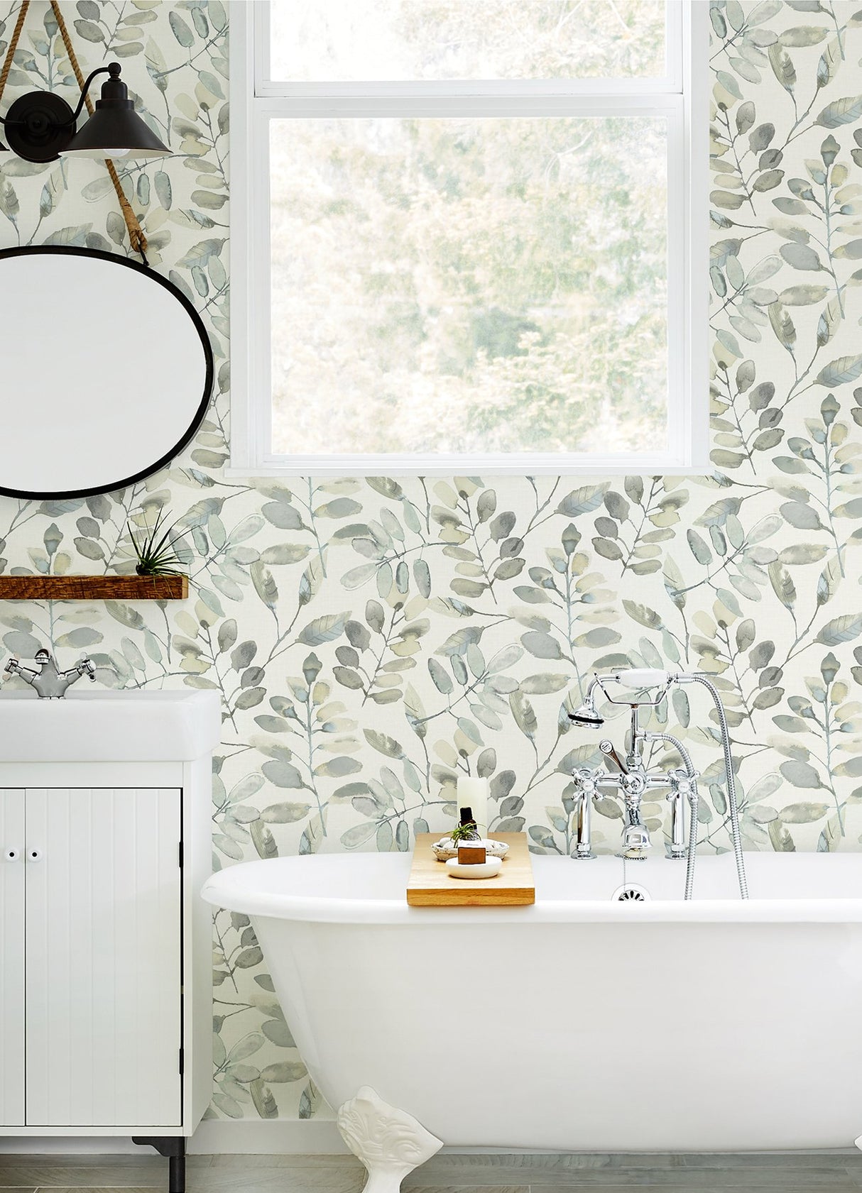 Pinnate Grey Leaves Wallpaper with Watercolor Botanical Motif - Chesapeake 3124-13905