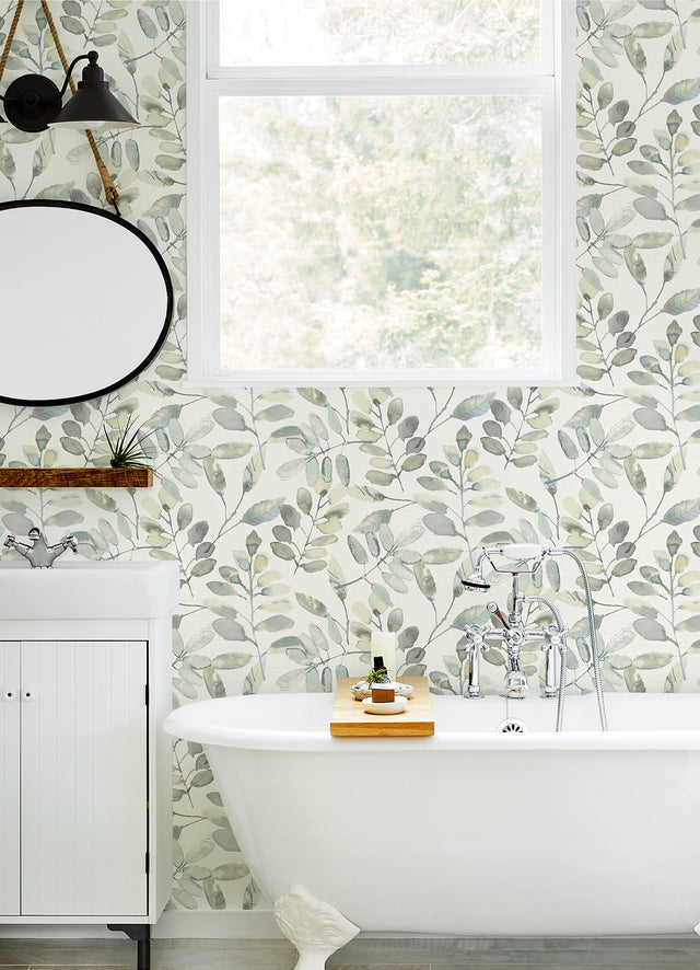 Pinnate Grey Leaves Wallpaper with Watercolor Botanical Motif - Chesapeake 3124-13905