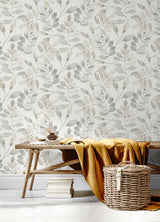 Pinnate Taupe Leaves Wallpaper with Botanical Watercolor Motif - Chesapeake 3124-13907