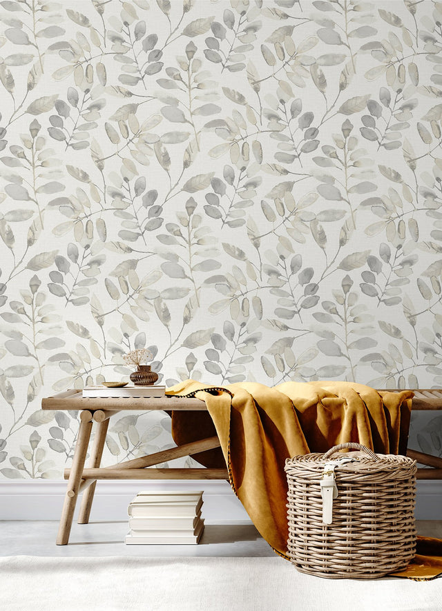 Pinnate Taupe Leaves Wallpaper with Botanical Watercolor Motif - Chesapeake 3124-13907
