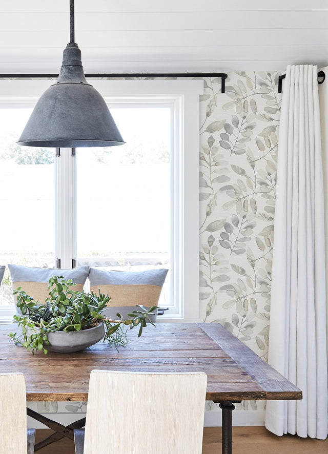 Pinnate Taupe Leaves Wallpaper with Botanical Watercolor Motif - Chesapeake 3124-13907