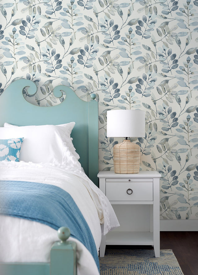 Pinnate Blue Leaves Wallpaper with Watercolor Botanical Motif - Chesapeake 3124-13908