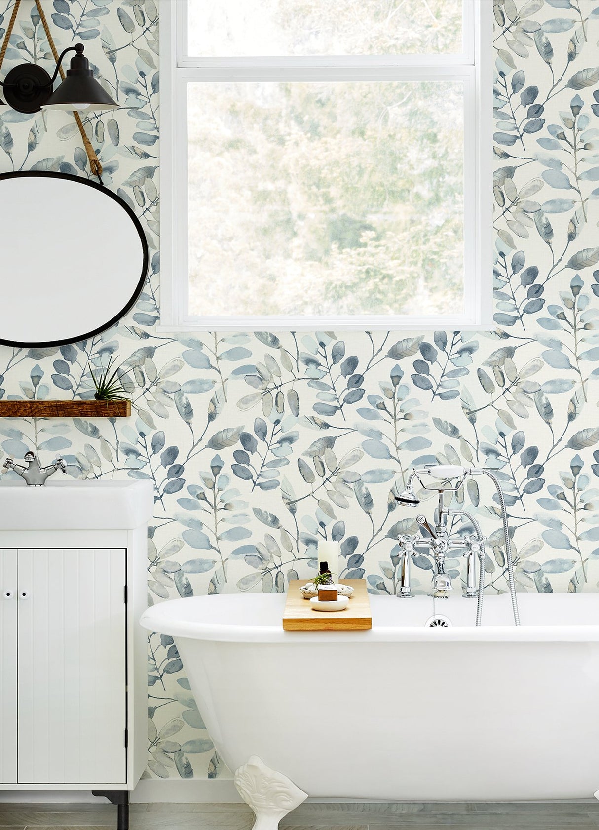 Pinnate Blue Leaves Wallpaper with Watercolor Botanical Motif - Chesapeake 3124-13908