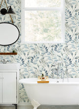 Pinnate Blue Leaves Wallpaper with Watercolor Botanical Motif - Chesapeake 3124-13908