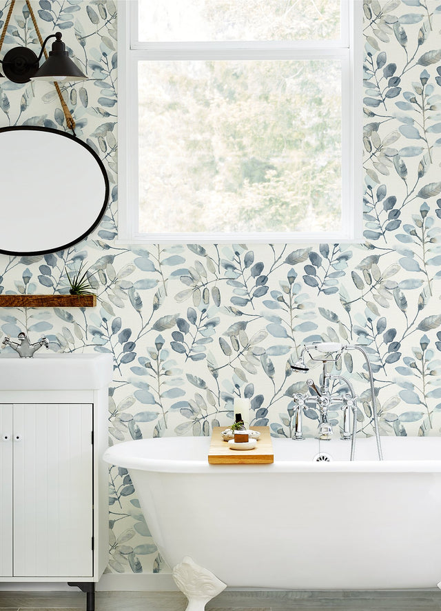 Pinnate Blue Leaves Wallpaper with Watercolor Botanical Motif - Chesapeake 3124-13908