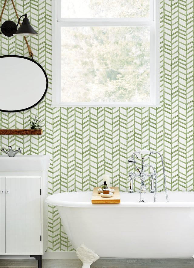 Fletching Green Geometric Wallpaper with Modern Abstract Chevron Pattern - Chesapeake 3124-13921