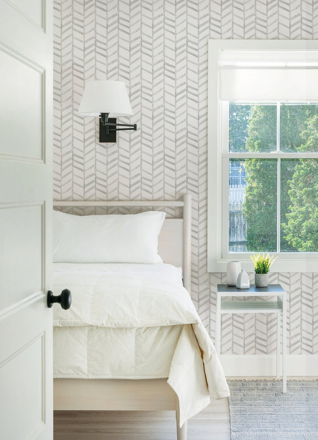 Fletching Grey Geometric Wallpaper with Watercolor Chevron Motif - Chesapeake 3124-13922