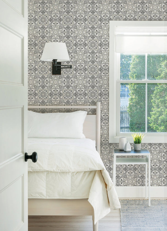 Concord Black Medallion Wallpaper with Bohemian Abstract Medallions - Brewster 3124-13964