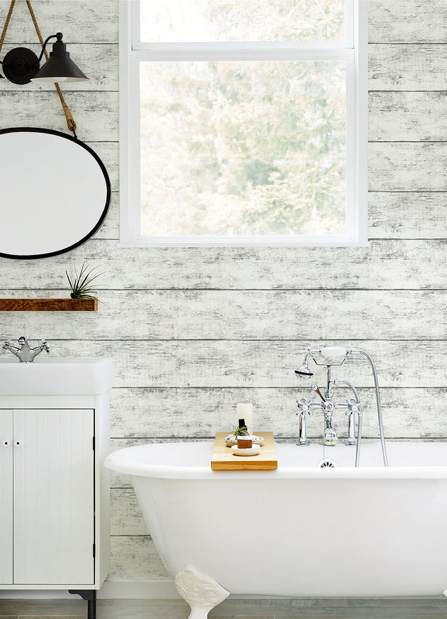 Cabin White Wood Planks Wallpaper with Textured Weathered Plank Pattern - Chesapeake 3124-13971