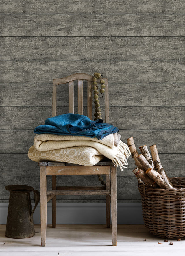 Cabin Charcoal Wood Planks Wallpaper with Textured Woodgrain Plank Motif - Chesapeake 3124-13972