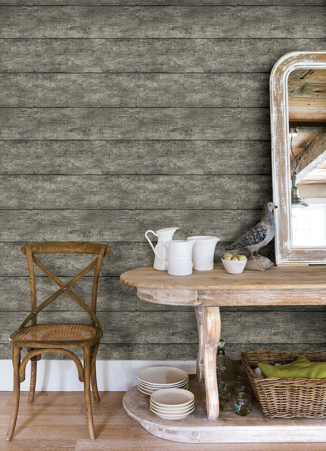 Cabin Charcoal Wood Planks Wallpaper with Textured Woodgrain Plank Motif - Chesapeake 3124-13972