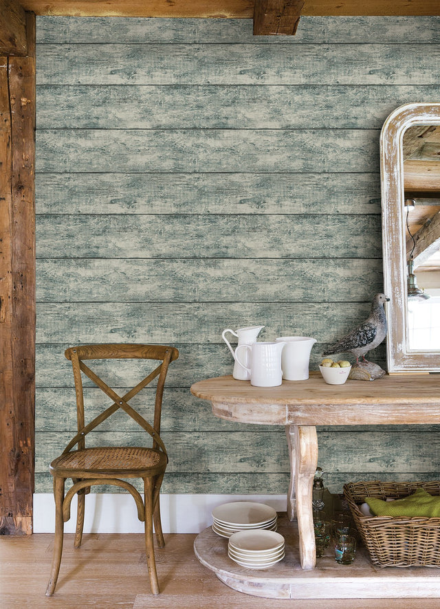 Cabin Teal Wood Planks Wallpaper with Farmhouse Wood Plank Pattern - Chesapeake 3124-13973
