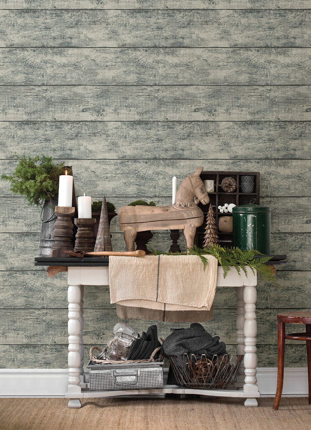 Cabin Teal Wood Planks Wallpaper with Farmhouse Wood Plank Pattern - Chesapeake 3124-13973