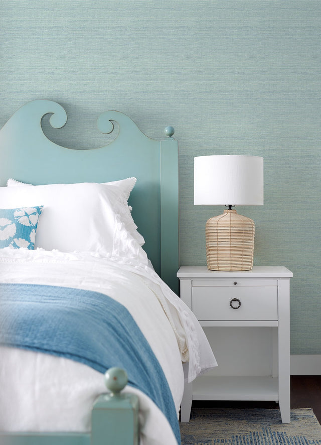 Agave Aqua Faux Grasscloth Wallpaper with Raised Ink Texture - Chesapeake 3124-24282