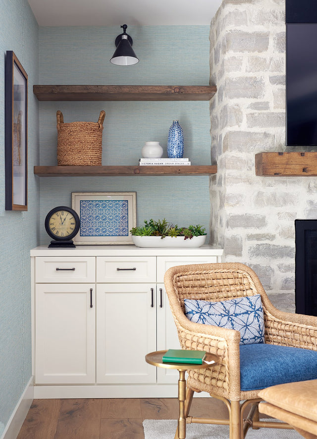 Agave Blue Faux Grasscloth Wallpaper with Raised Ink Texture - Chesapeake 3124-24283