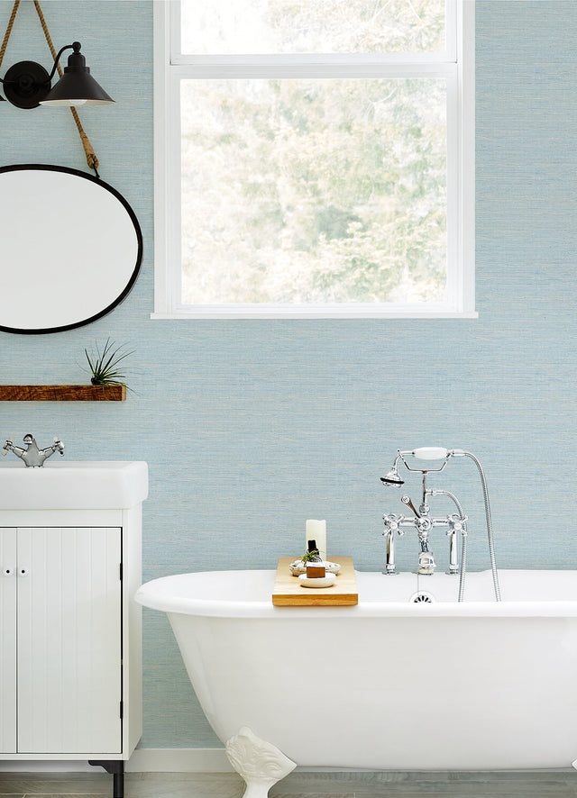 Agave Blue Faux Grasscloth Wallpaper with Raised Ink Texture - Chesapeake 3124-24283