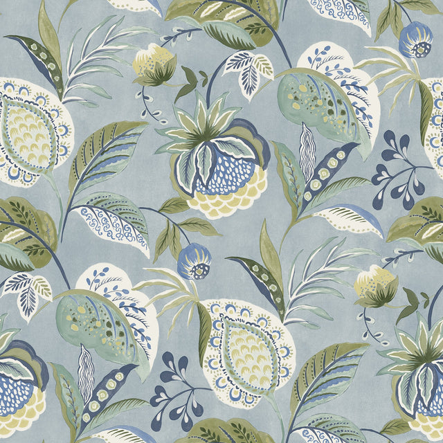 Bohemian Blue Jacobean Wallpaper with Botanical Farmhouse Style - Chesapeake 3125-72300