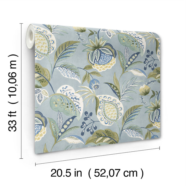 Bohemian Blue Jacobean Wallpaper with Botanical Farmhouse Style - Chesapeake 3125-72300