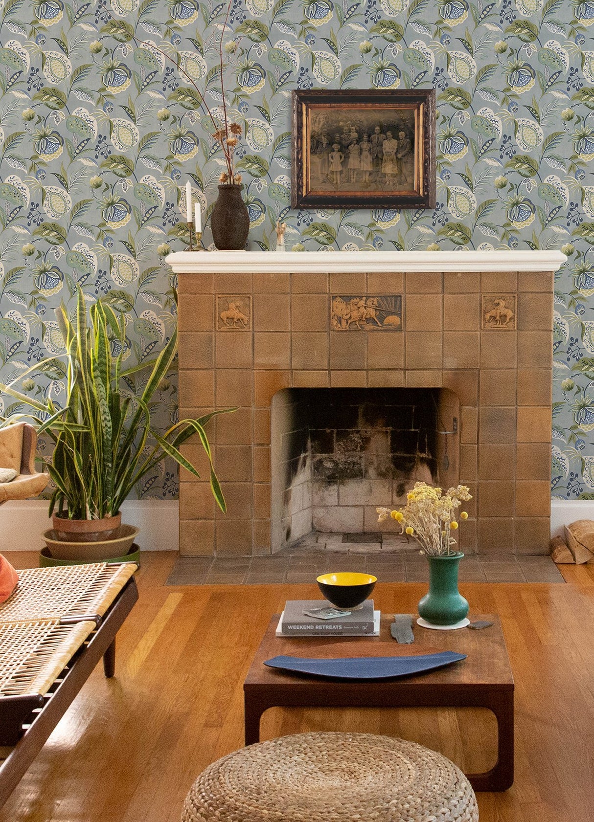 Bohemian Blue Jacobean Wallpaper with Botanical Farmhouse Style - Chesapeake 3125-72300