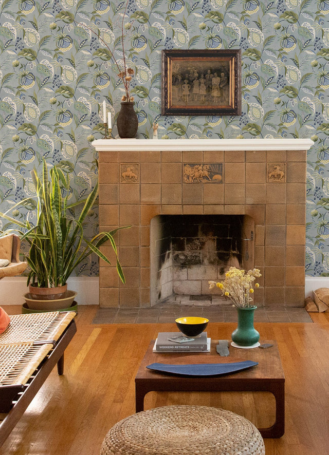 Bohemian Blue Jacobean Wallpaper with Botanical Farmhouse Style - Chesapeake 3125-72300